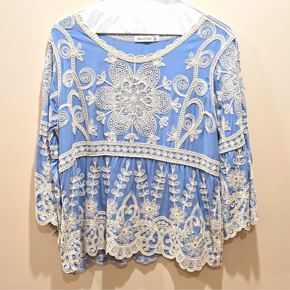 Ana & Rose Blue/White Embroidered Lace Tunic Scoop Neck 3/4 Bell Sleeve XL
